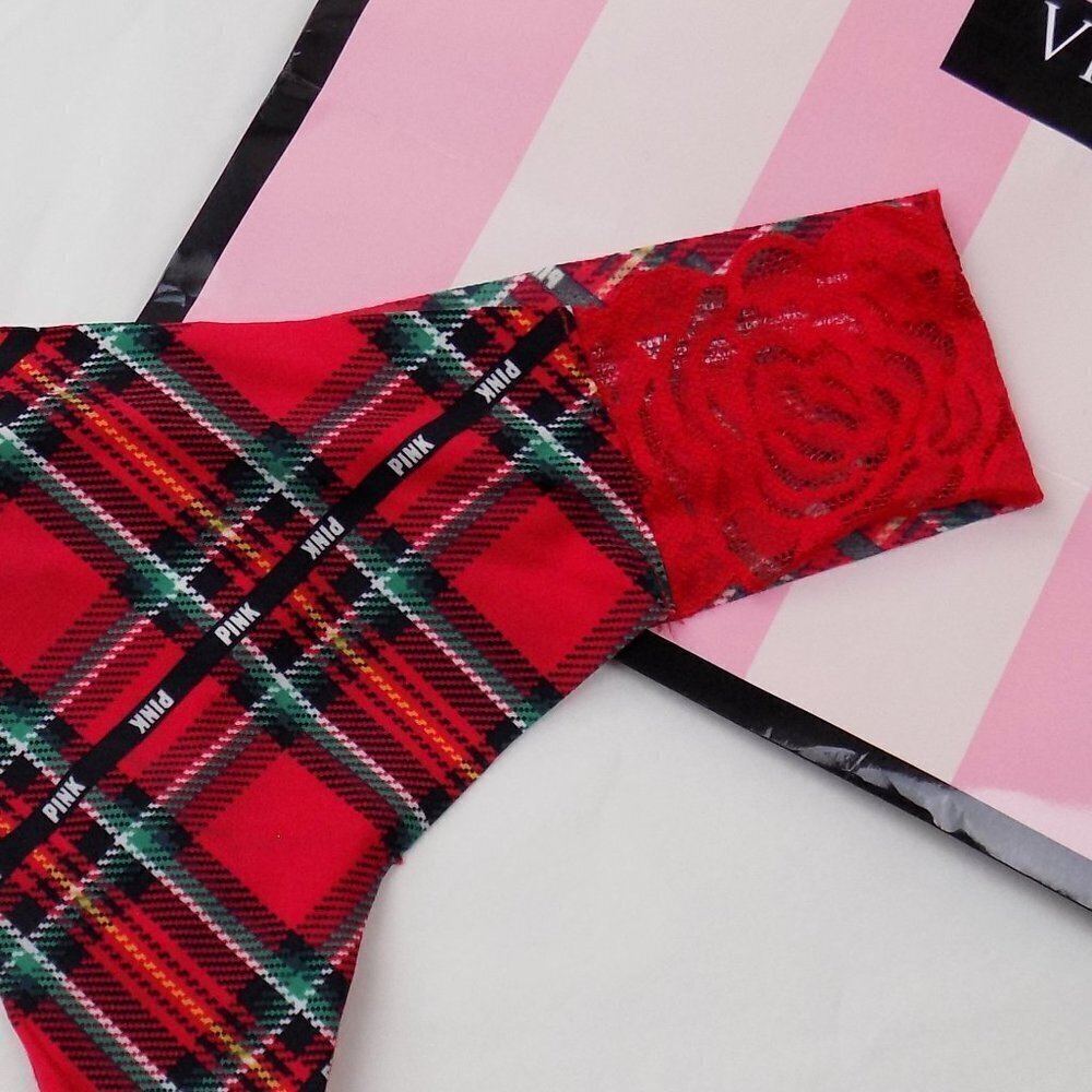 nwt victoria's secret pink plaid logo no show seamless cheeky thong lace